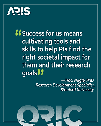 "Success for us means cultivating tools and skills to help PIs find the right societal impact for them and their research goals." - Traci Nagle, PhD, Stanford