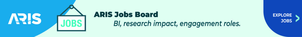 ARIS promotional banner with the ARIS logo, a hanging sign that reads “JOBS,” and the text “ARIS Jobs Board. BI, research impact, engagement roles.” A blue panel on the right reads “Explore jobs” with an arrow.